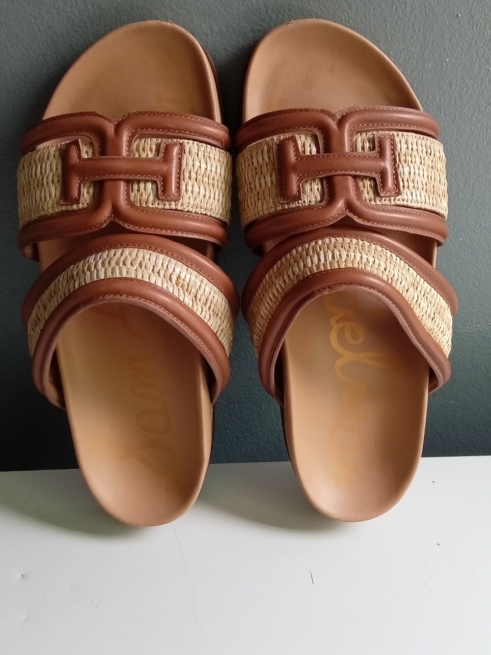 Sam Edelman Adaley Raffia Leather‎ Slide Sandals Brown Tan Womens 7